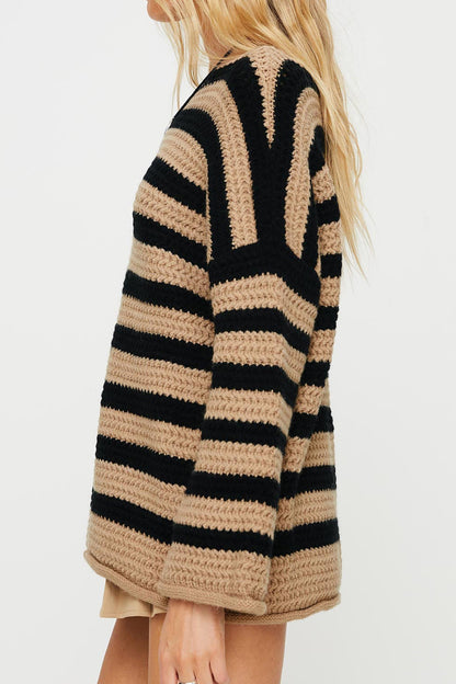 Striped Round Neck Dropped Shoulder Sweater-Angel Casuals