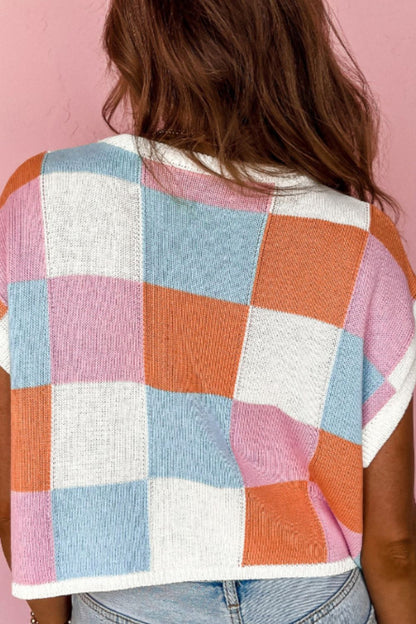 Contrast Plaid Round Neck Cap Sleeve Sweater-Angel Casuals