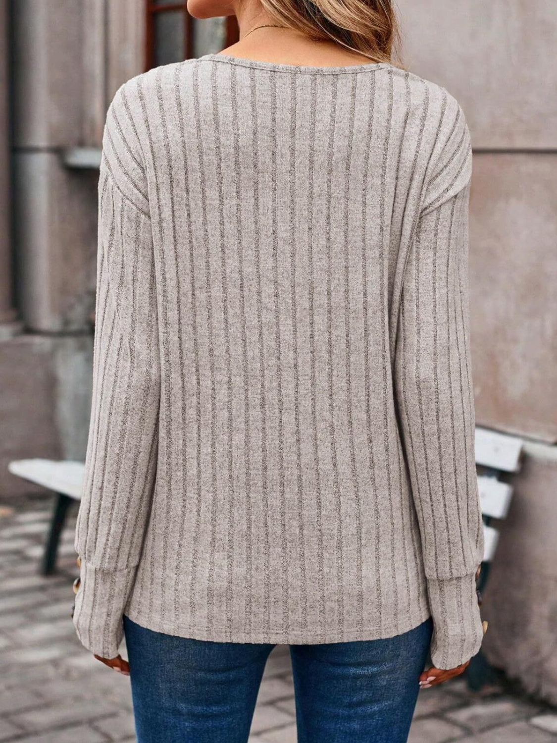 Ribbed V-Neck Long Sleeve T-Shirt-Angel Casuals