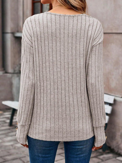 Ribbed V-Neck Long Sleeve T-Shirt-Angel Casuals