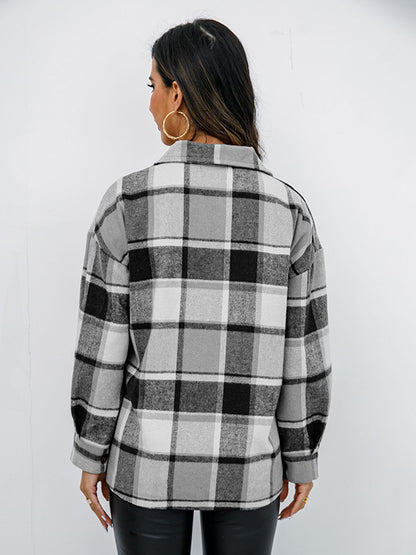 Plaid Button Up Collared Neck Jacket-Angel Casuals