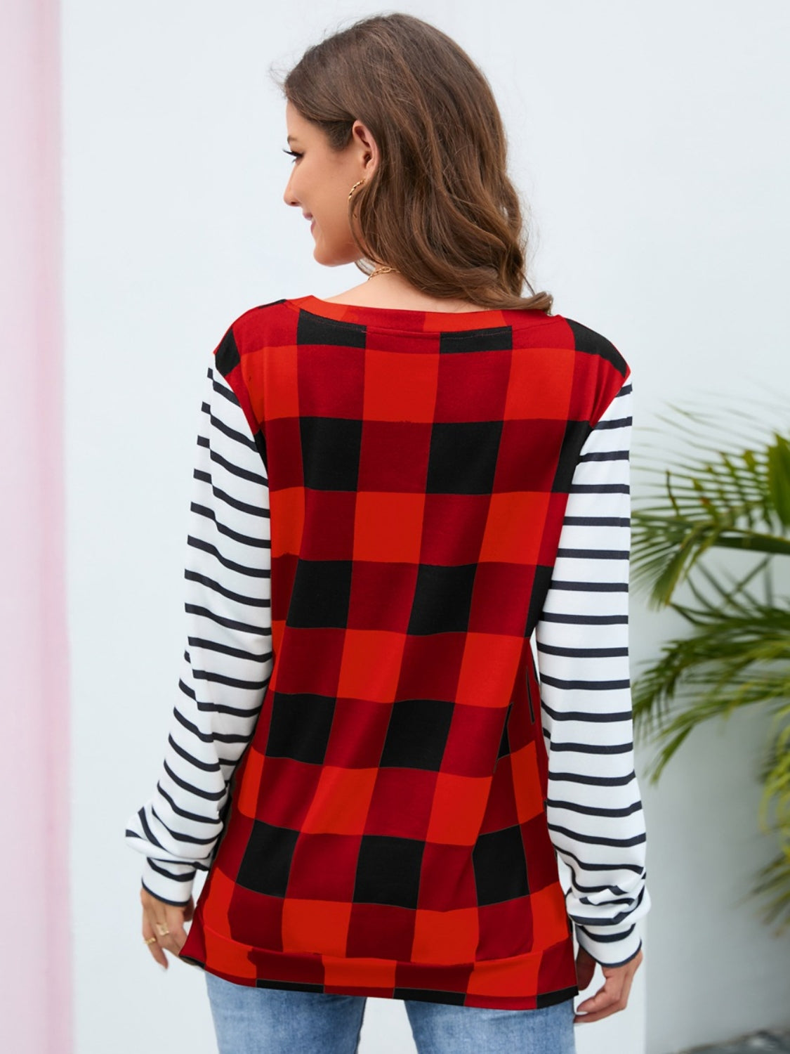 Plaid Striped Round Neck Long Sleeve T-Shirt-Angel Casuals