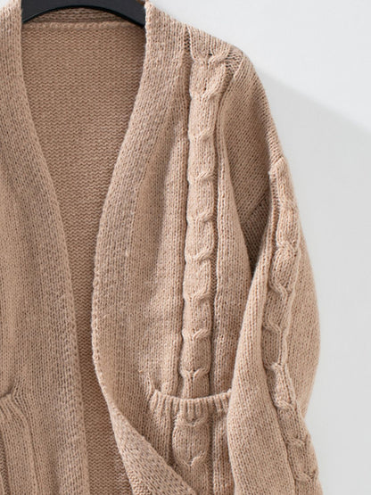 Cable-Knit Open Front Long Sleeve Cardigan-Angel Casuals