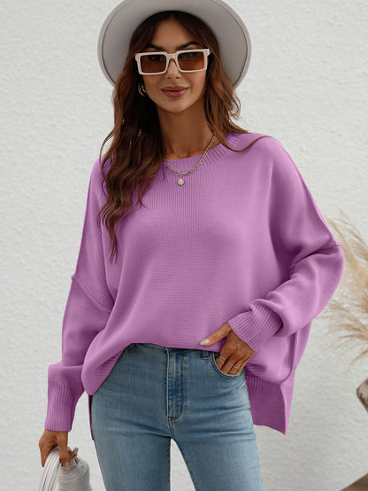 Exposed Seam Dropped Shoulder Slit Sweater-Angel Casuals