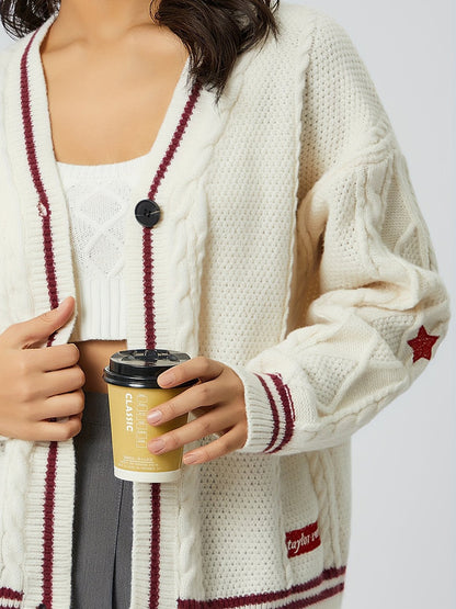 Star Embroidered V-Neck Long Sleeve Cardigan-Angel Casuals
