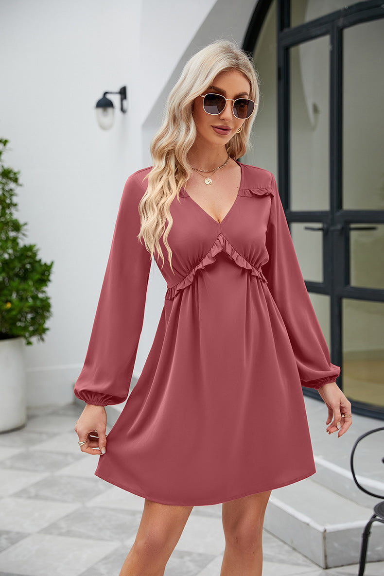 Frill Trim V-Neck Long Sleeve Dress-Angel Casuals