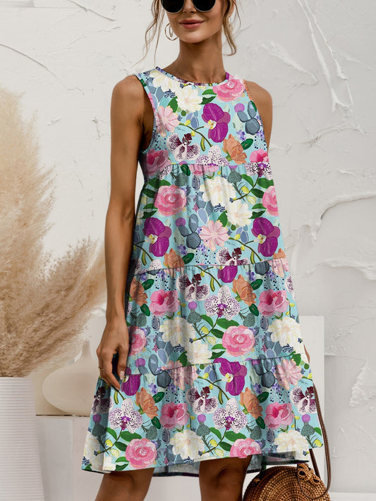 Printed Round Neck Sleeveless Tiered Dress-Angel Casuals