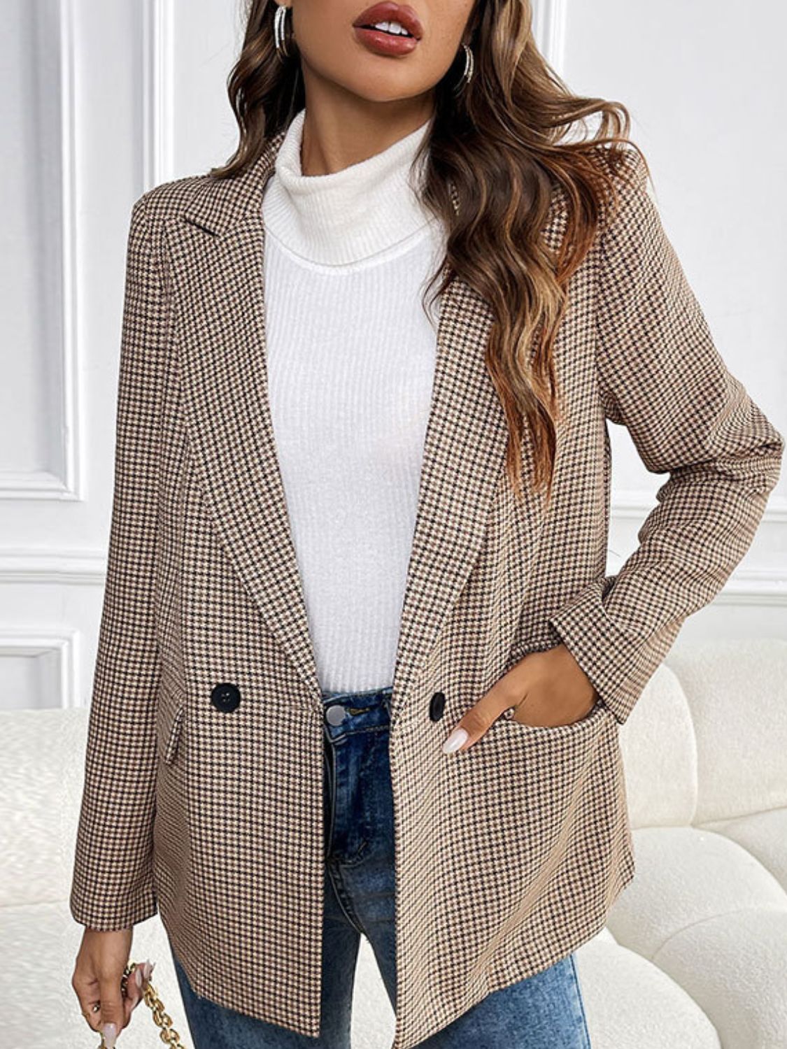 Perfee Plaid Lapel Collar Long Sleeve Blazer-Angel Casuals