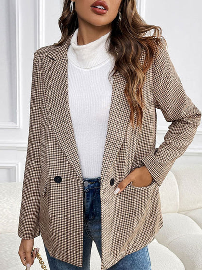 Perfee Plaid Lapel Collar Long Sleeve Blazer-Angel Casuals