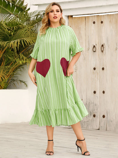 Plus Size Frill Heart Striped Half Sleeve Dress-Angel Casuals