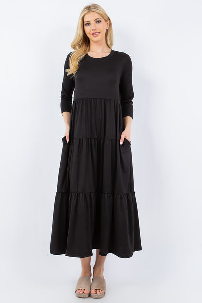 Celeste Full Size Tiered Midi Dress with Pockets-Angel Casuals