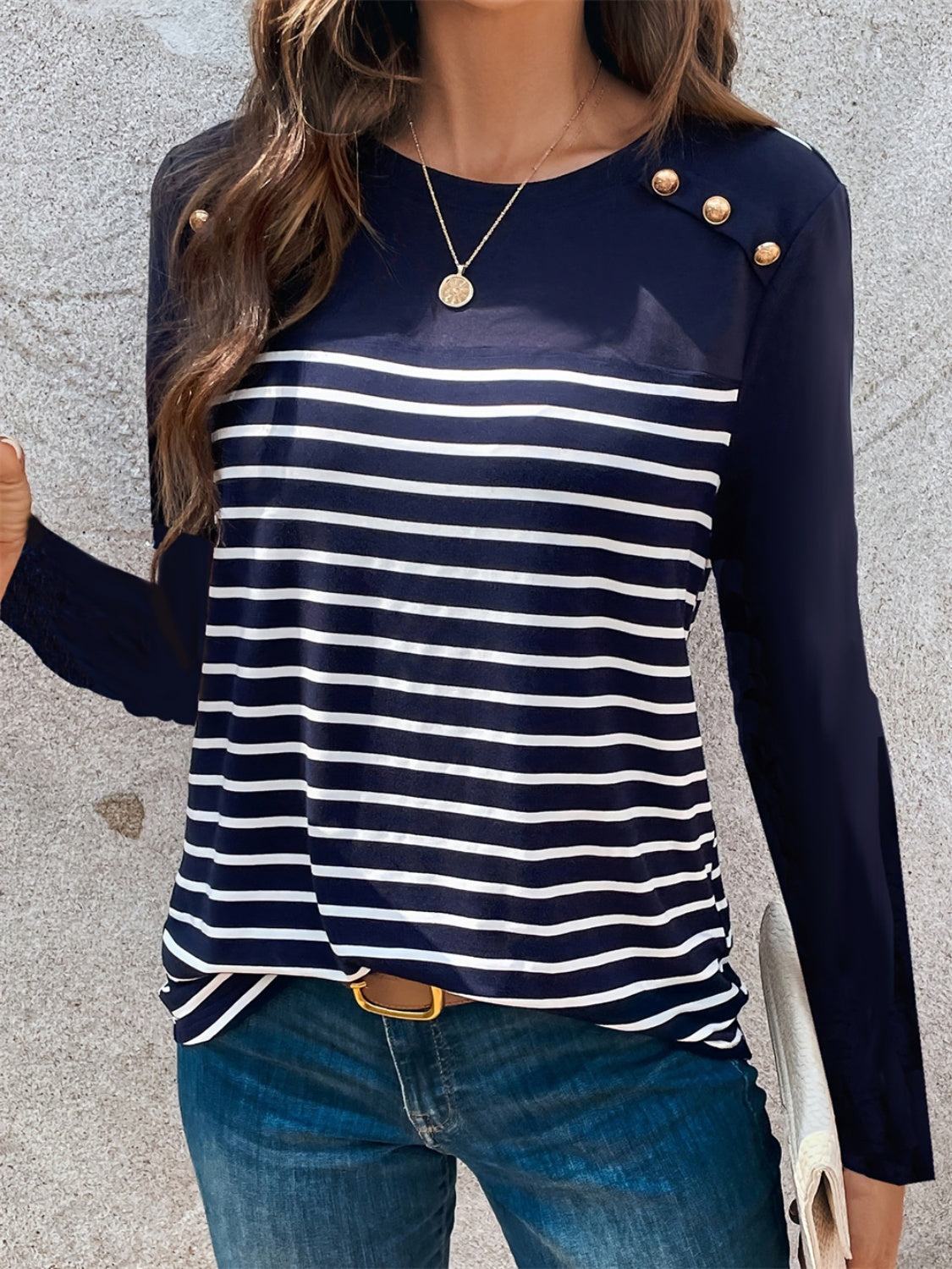 Decorative Button Striped Round Neck Long Sleeve T-Shirt-Angel Casuals