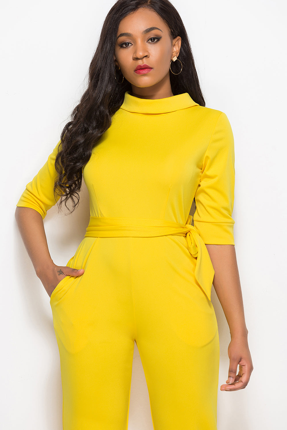 Mock Neck Tie-Waist Half Sleeve Jumpsuit-Angel Casuals