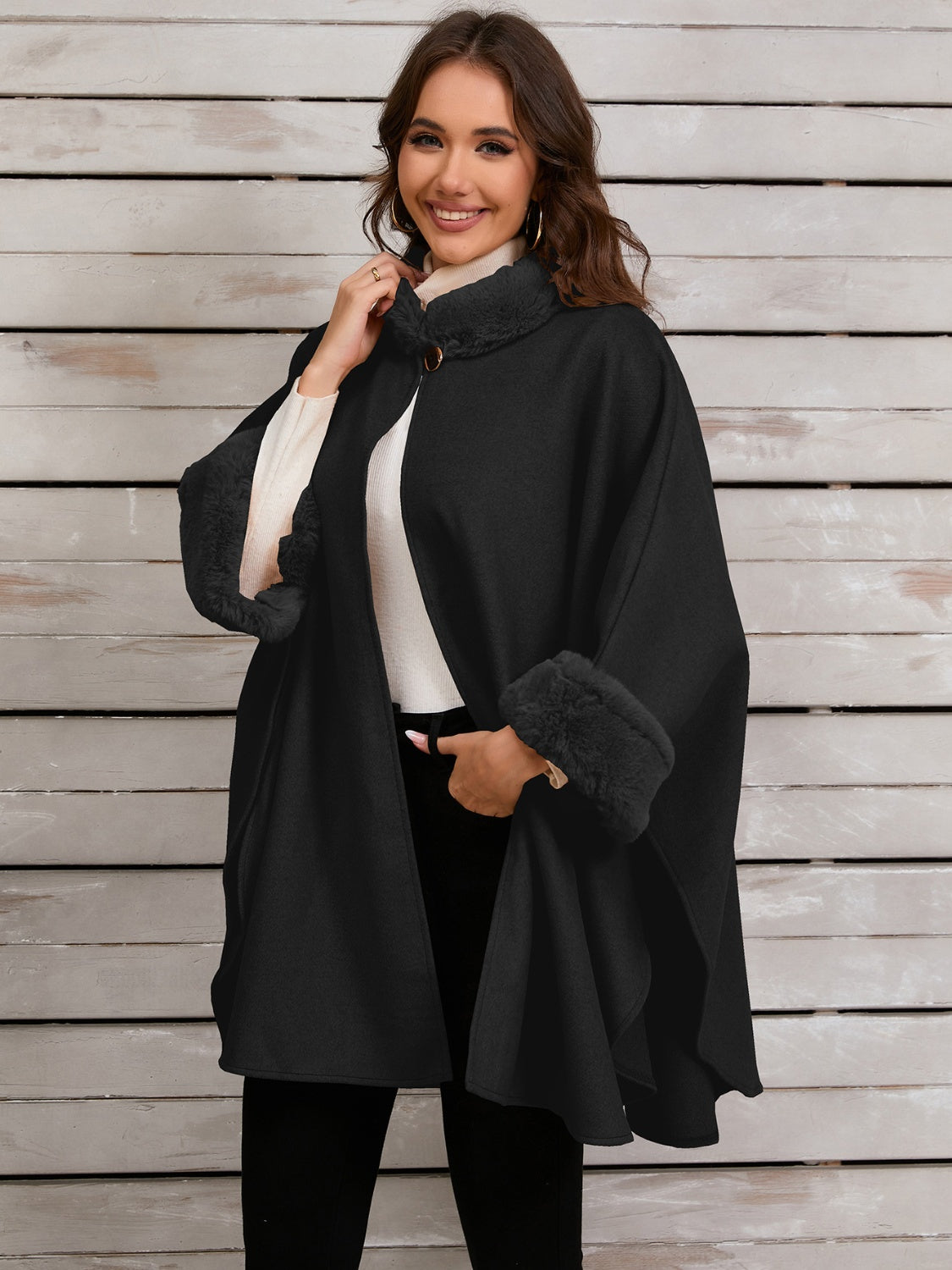 Fuzzy Trim Long Sleeve Poncho-Angel Casuals