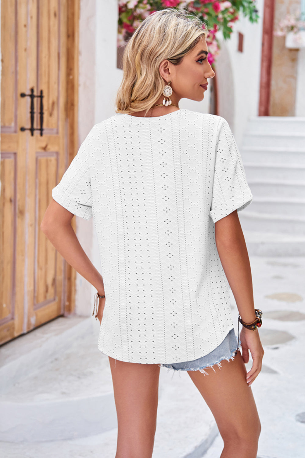 Buttoned Notched Neck Eyelet Top-Angel Casuals