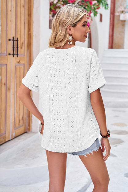 Buttoned Notched Neck Eyelet Top-Angel Casuals