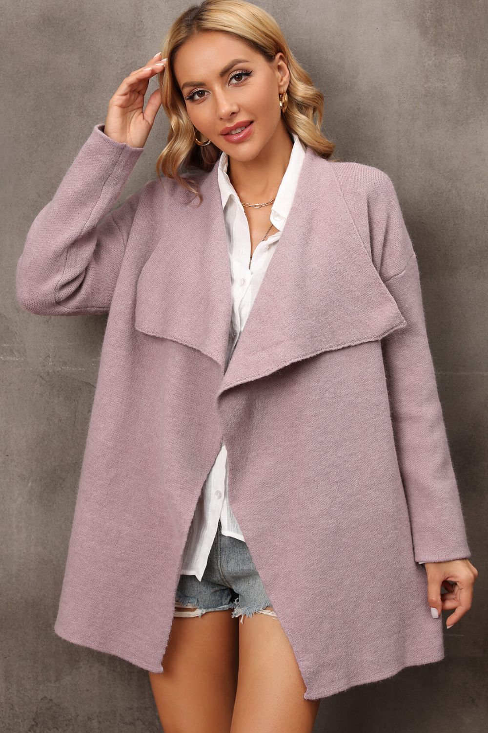 Waterfall Collar Longline Cardigan with Side Pockets-Angel Casuals