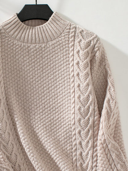 Cable-Knit Mock Neck Long Sleeve Sweater-Angel Casuals