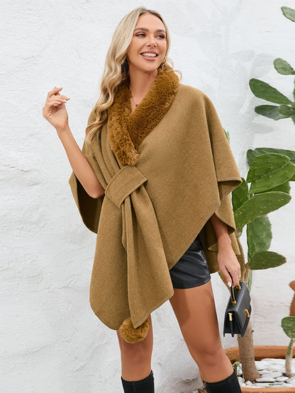 Fuzzy Trim Open Front Poncho-Angel Casuals