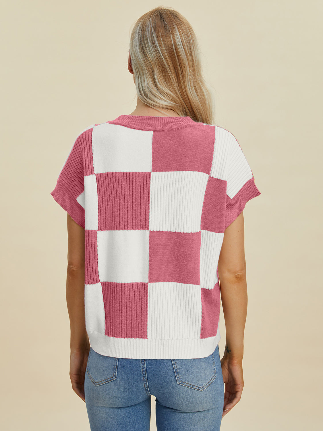 Double Take Full Size Checkered Round Neck Short Sleeve Sweater-Angel Casuals