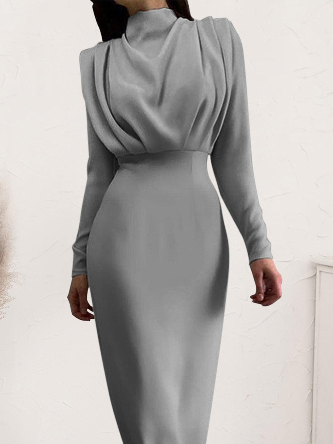 Ruched Turtleneck Long Sleeve Dress-Angel Casuals