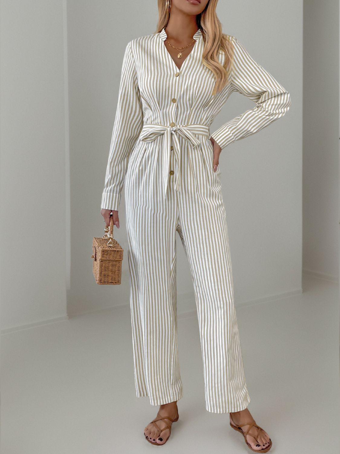 Striped Notched Long Sleeve Tie Waist Jumpsuit-Angel Casuals