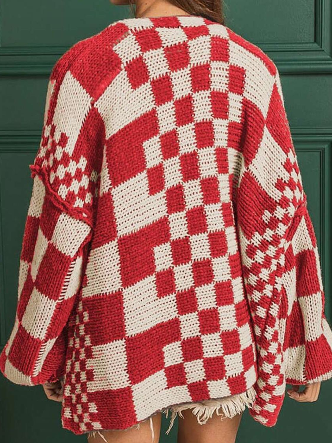 Checkered Open Front Long Sleeve Cardigan-Angel Casuals