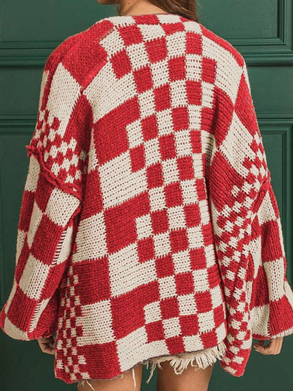 Checkered Open Front Long Sleeve Cardigan-Angel Casuals