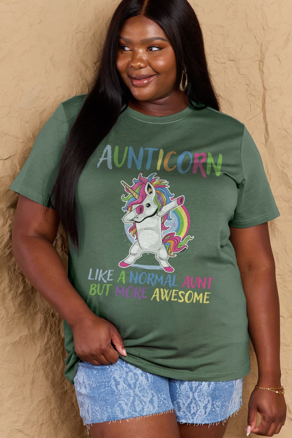 Simply Love Full Size AUNTICORN LIKE A NORMAL AUNT BUT MORE AWESOME Graphic Cotton Tee-Angel Casuals