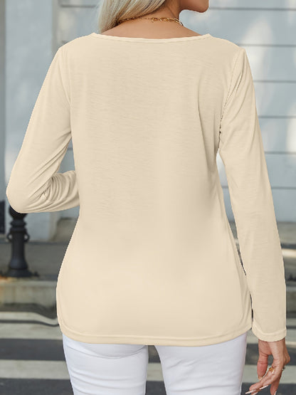 Decorative Button Round Neck Long Sleeve T-Shirt-Angel Casuals