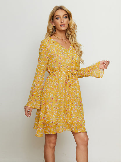 Floral Drawstring Waist V-Neck Dress-Angel Casuals