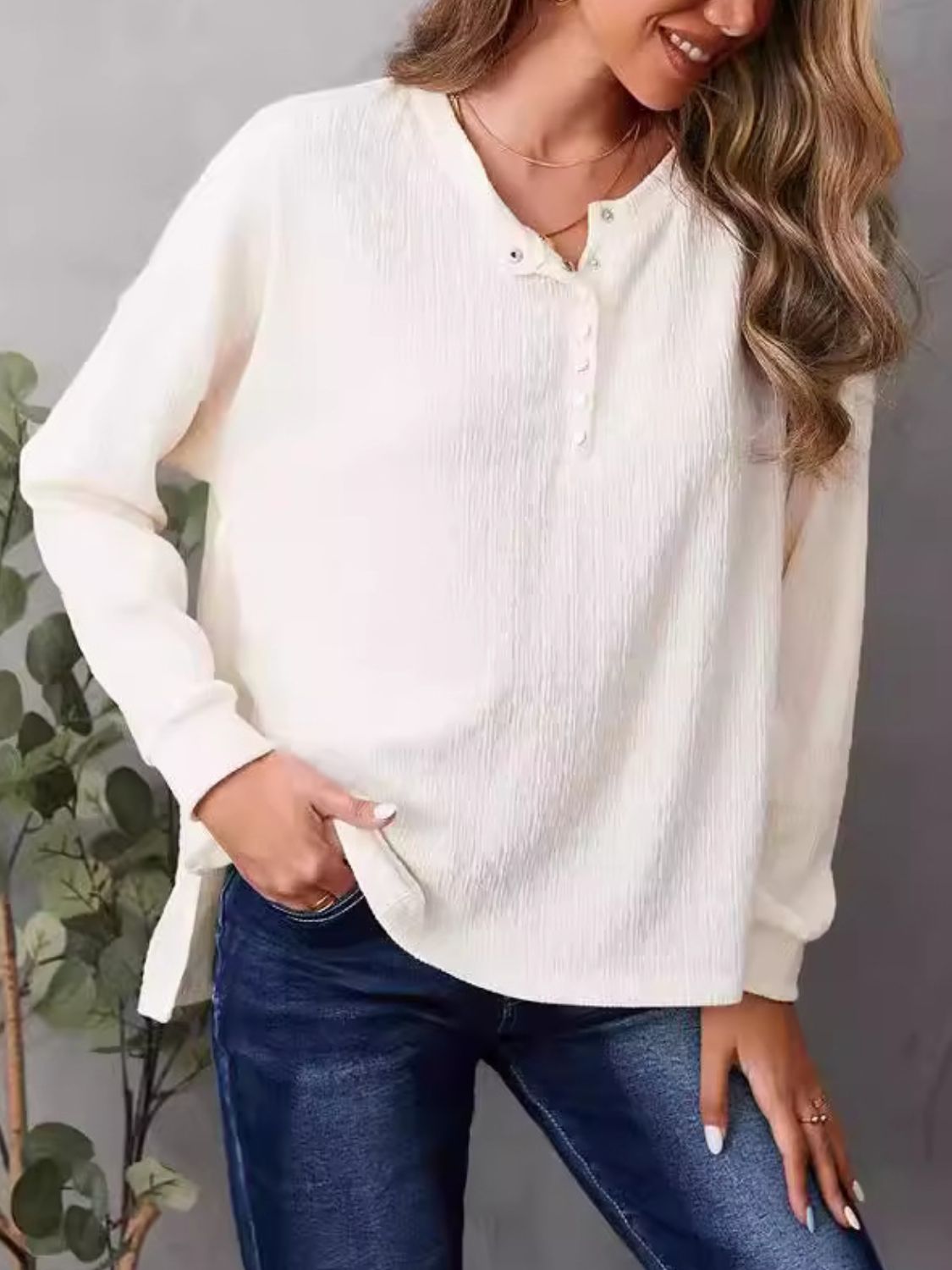 High-Low Quarter Snap Round Neck T-Shirt-Angel Casuals