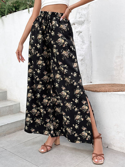 Floral Side Slit Wide Leg Pants-Angel Casuals