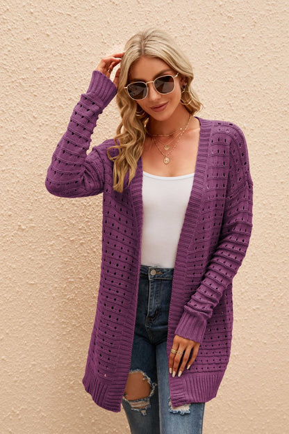 Openwork Horizontal Ribbing Open Front Cardigan-Angel Casuals