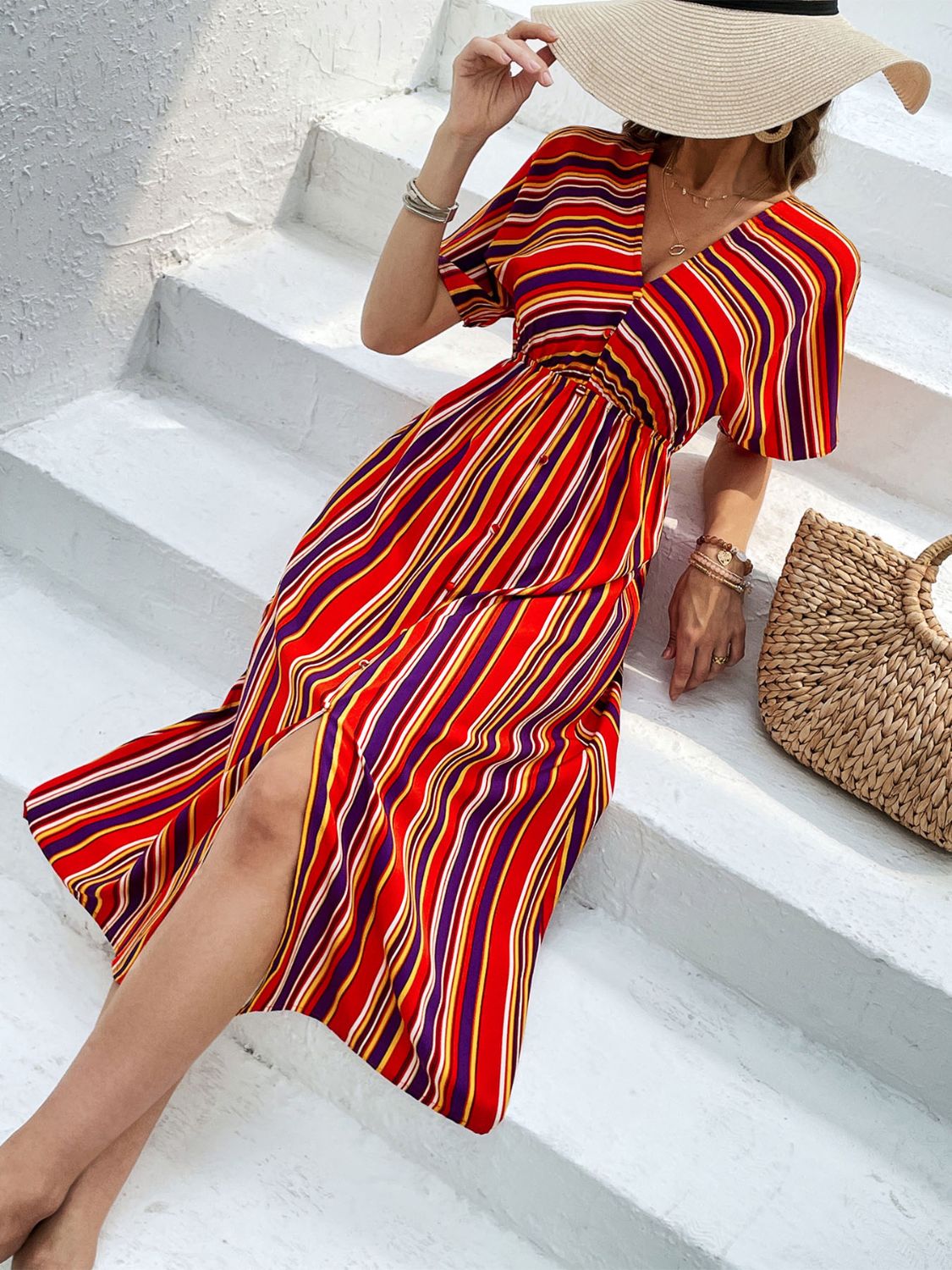 Slit Striped V-Neck Short Sleeve Midi Dress-Angel Casuals