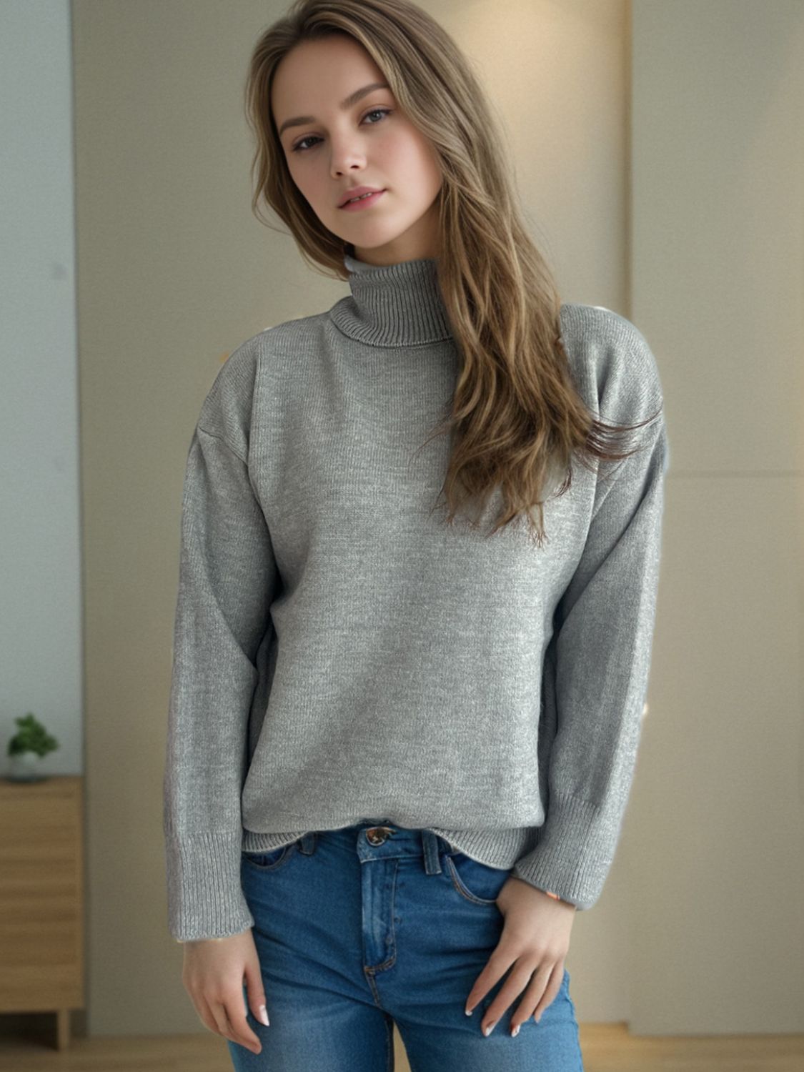 Turtleneck Dropped Shoulder Long Sleeve Sweater-Angel Casuals