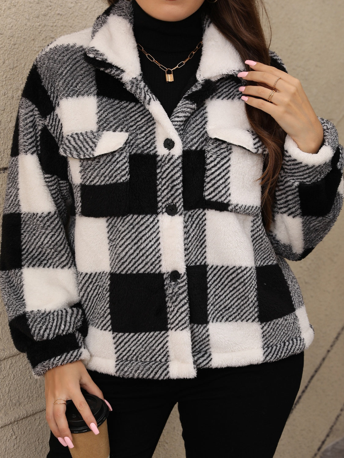 Plus Size Pocketed Plaid Collared Neck Jacket-Angel Casuals