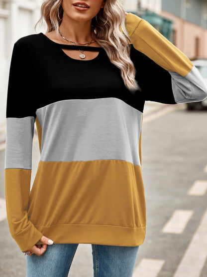 Color Block Cutout Round Neck Long Sleeve T-Shirt-Angel Casuals