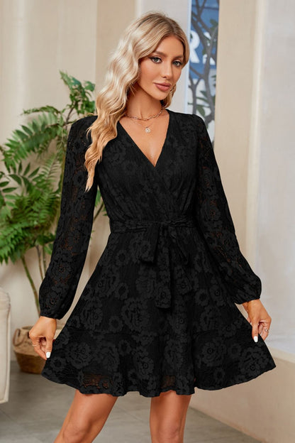 Surplice Lace Long Sleeve Mini Dress-Angel Casuals