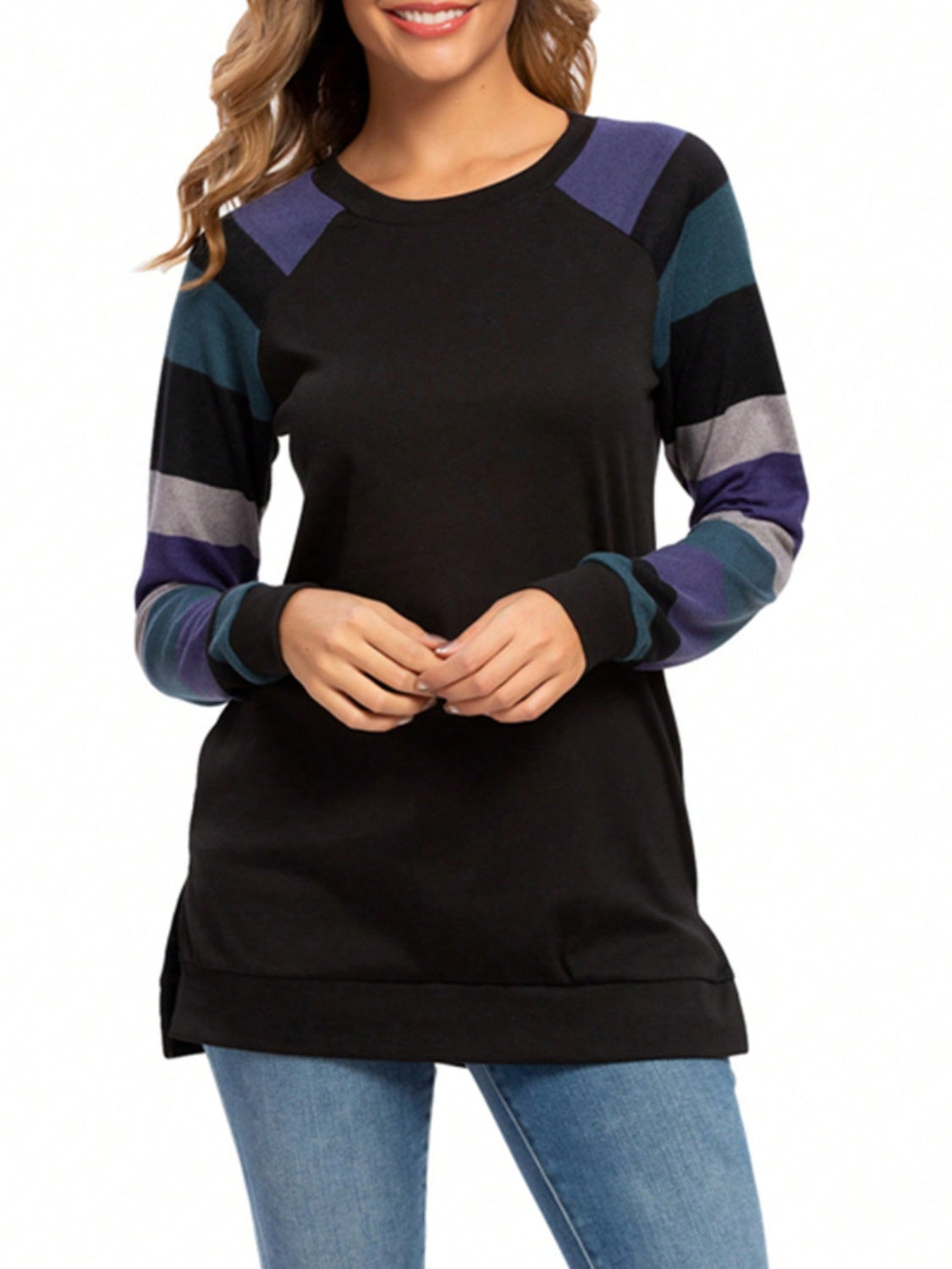 Color Block Round Neck Long Sleeve T-Shirt-Angel Casuals