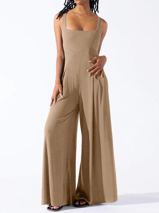 Square Neck Wide Strap Jumpsuit-Angel Casuals