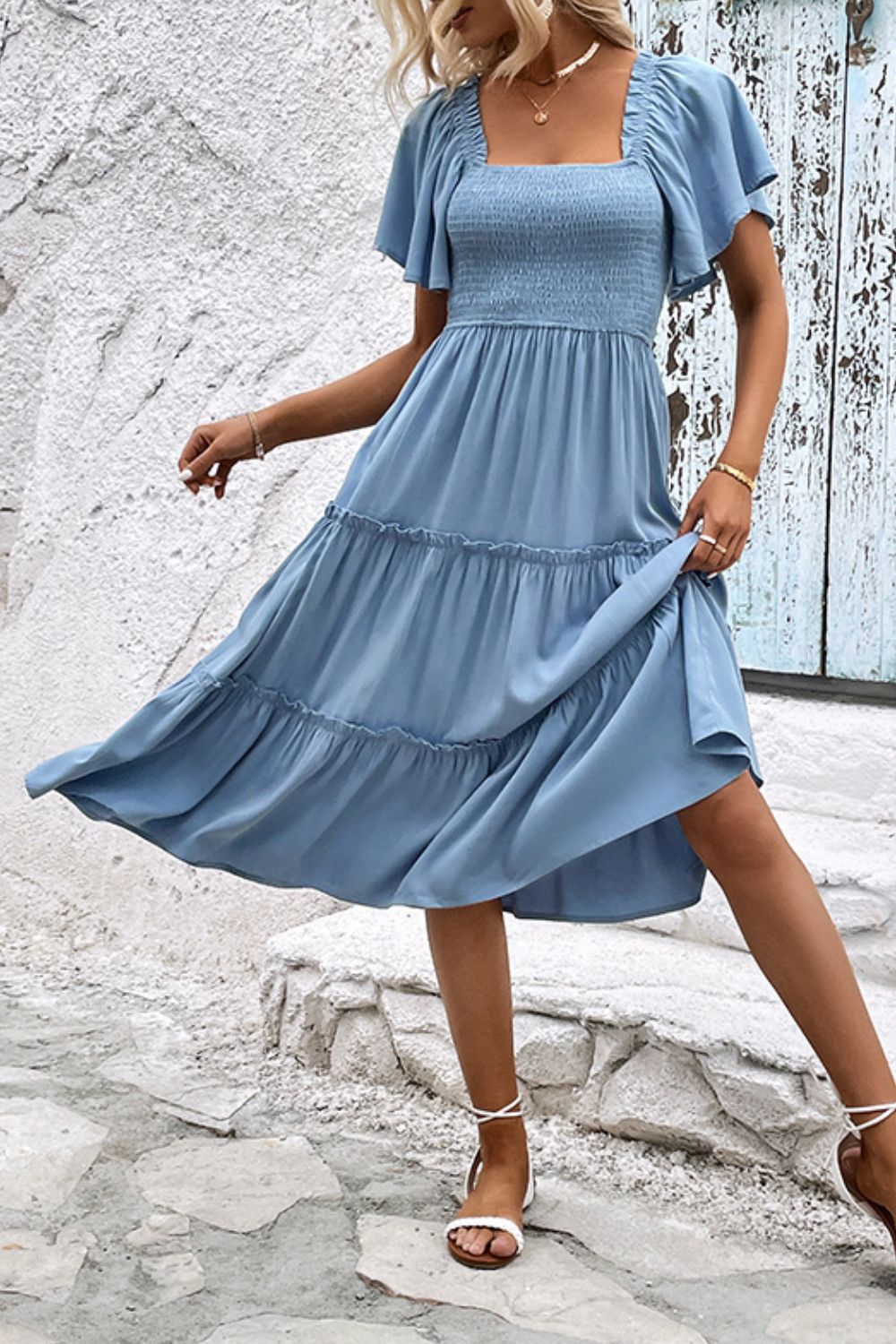 Smocked Square Neck Frill Trim Dress-Angel Casuals