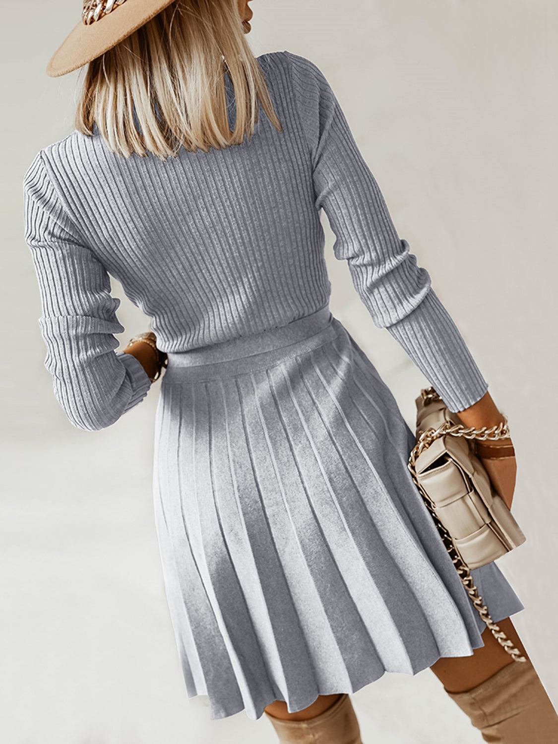 Surplice Neck Tie Front Pleated Sweater Dress-Angel Casuals