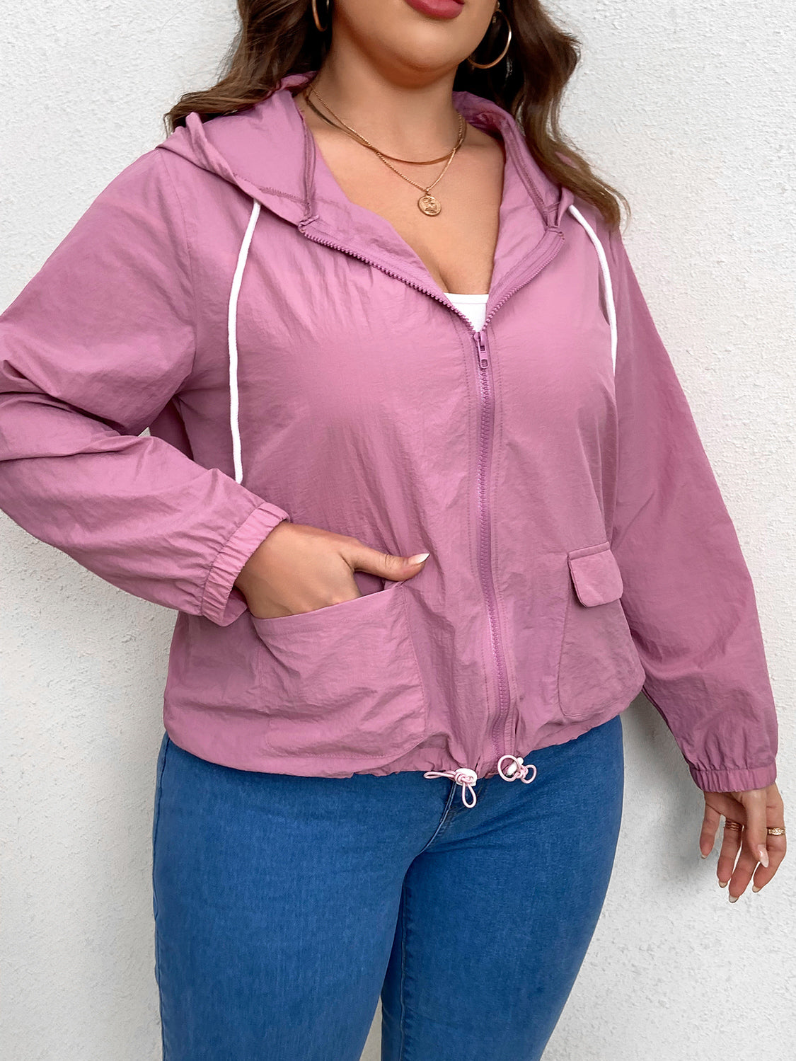 Plus Size Zip-Up Drawstring Hooded Jacket with Pockets-Angel Casuals