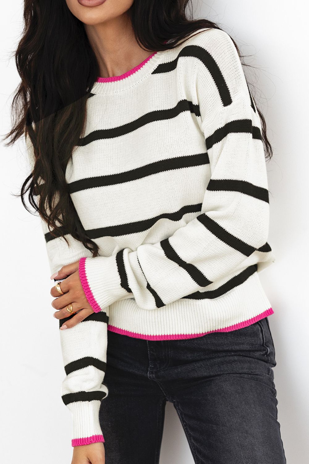 Striped Round Neck Drop Shoulder Sweater-Angel Casuals