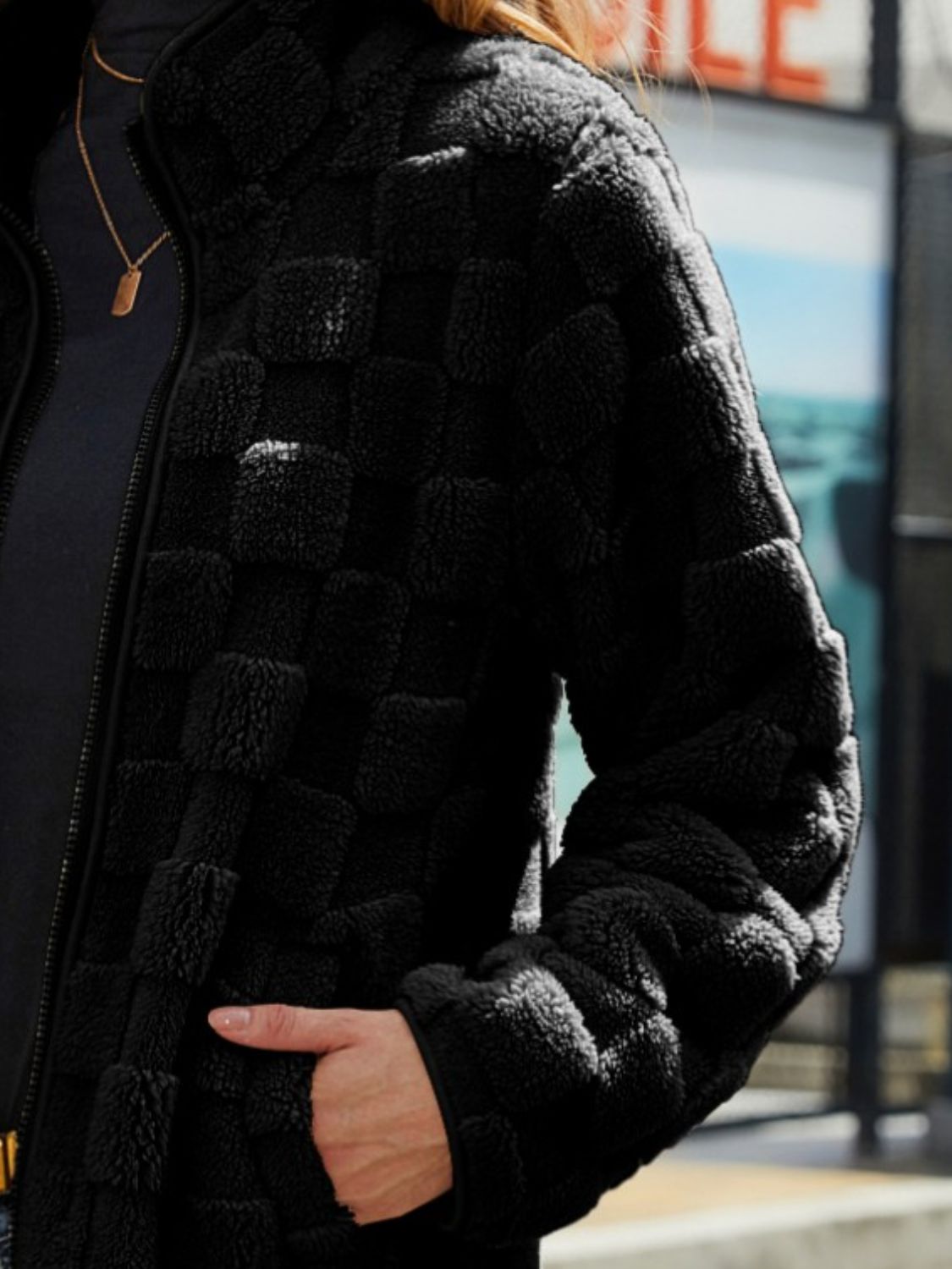 Fuzzy Checkered Zip Up Jacket-Angel Casuals