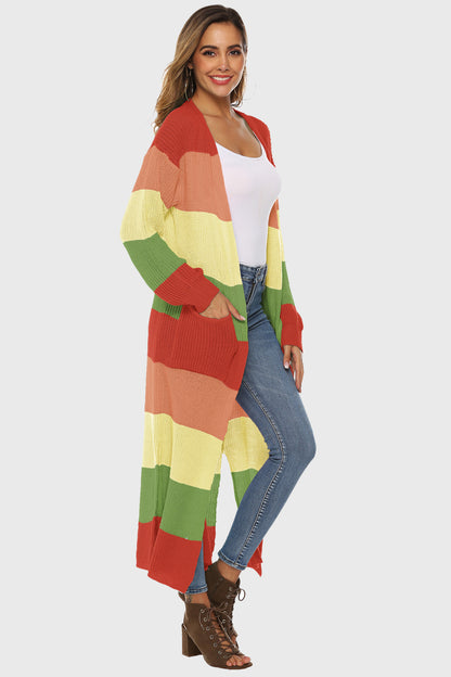 Color Block Long Sleeve Pocketed Cardigan-Angel Casuals