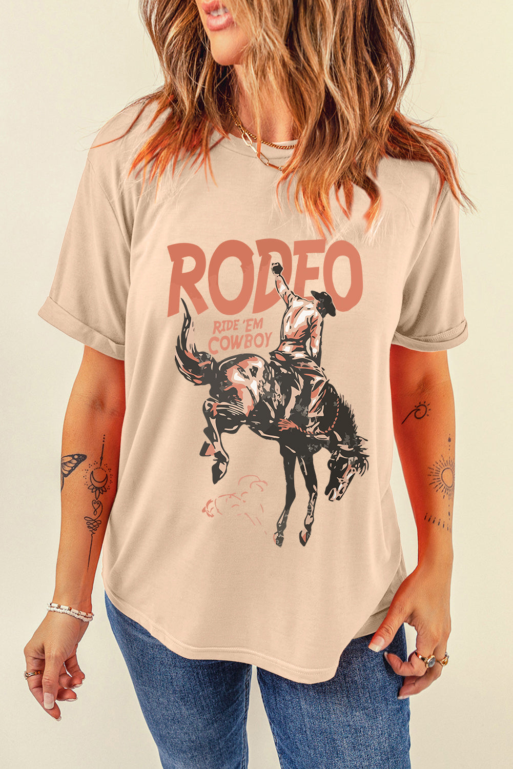 Cowboy Graphic Round Neck Short Sleeve T-Shirt-Angel Casuals