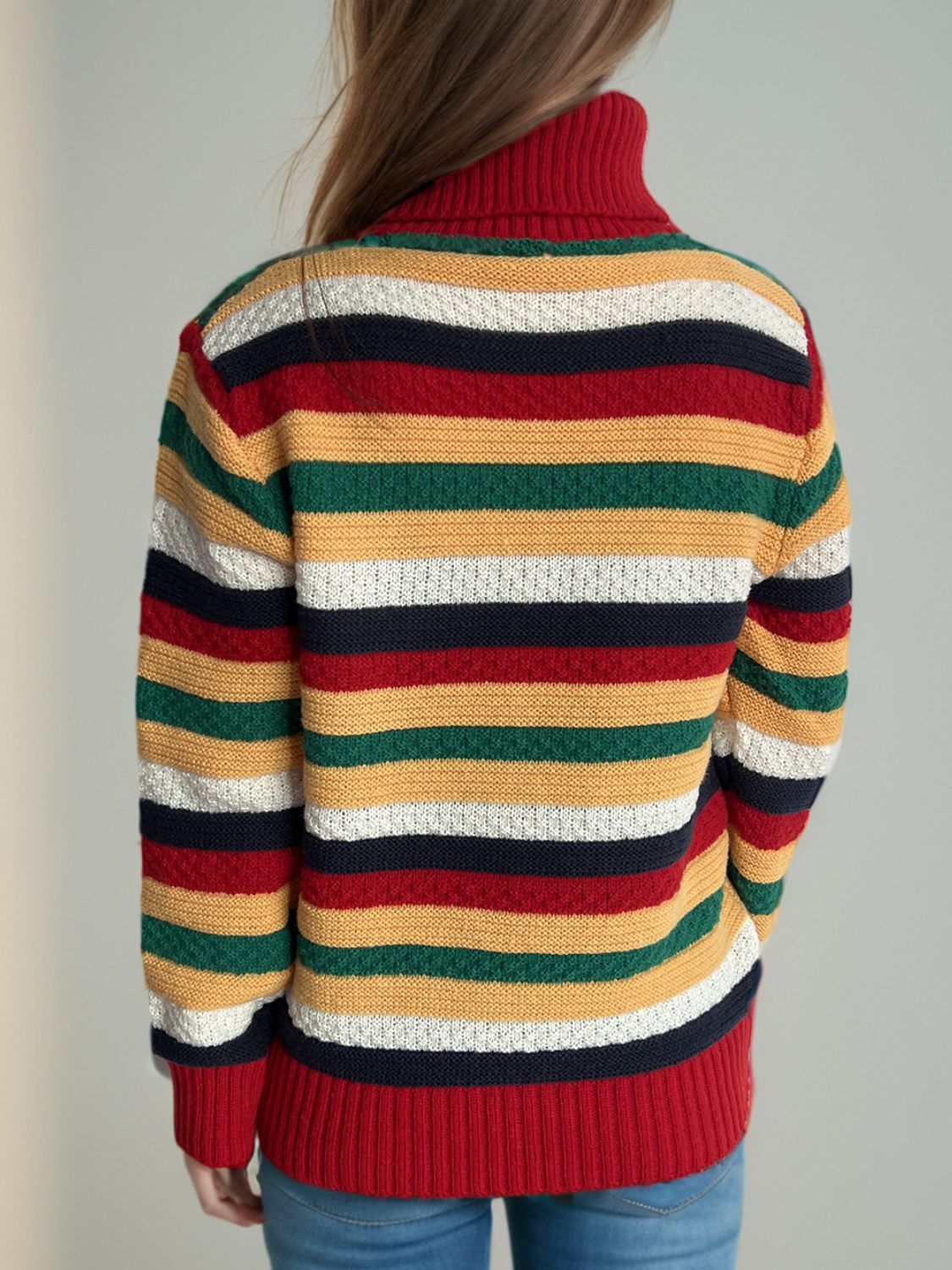 Contrast Stripes Turtleneck Long Sleeve Sweater-Angel Casuals