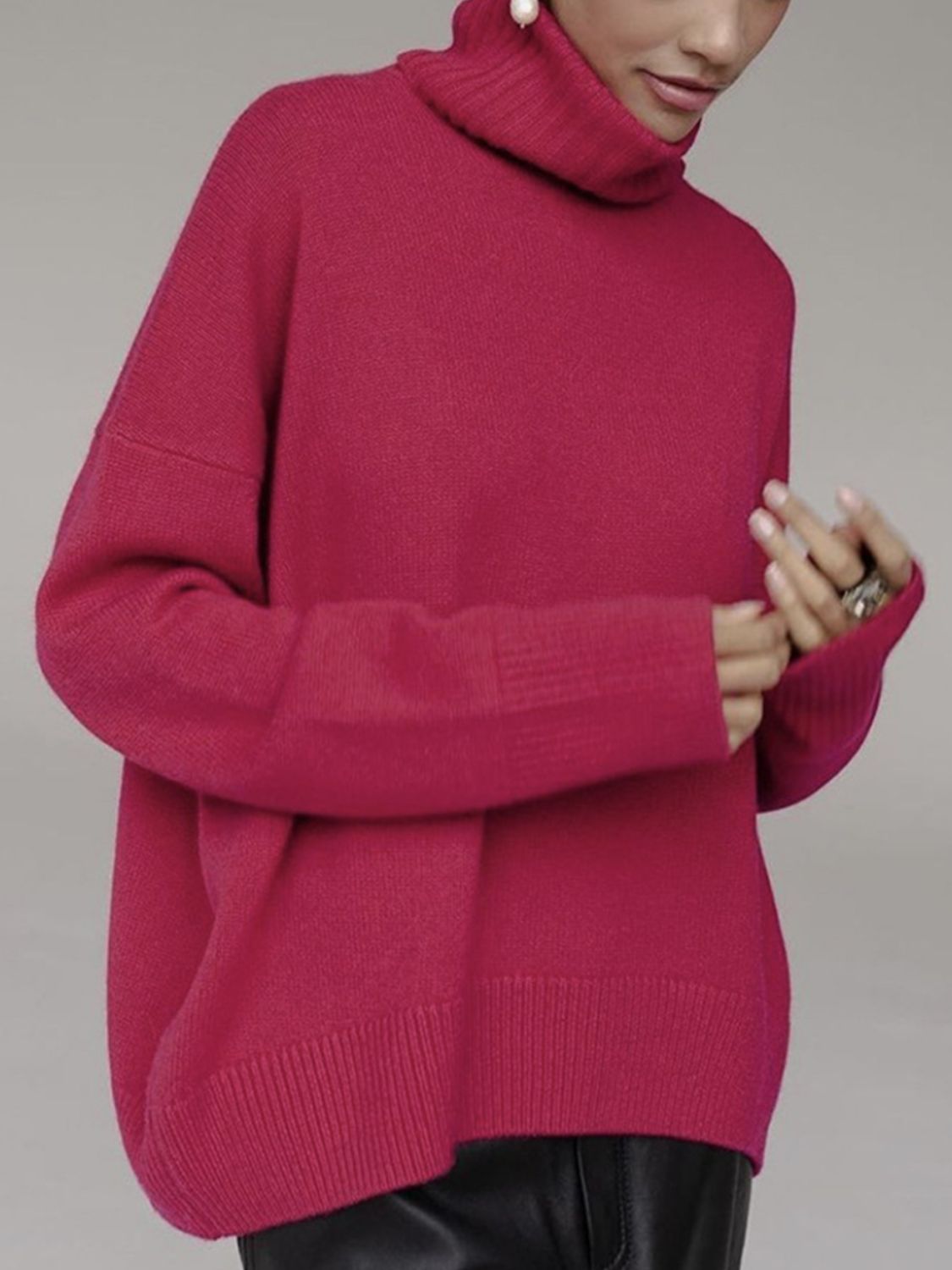 Turtleneck Drop Shoulder Long Sleeve Sweater-Angel Casuals